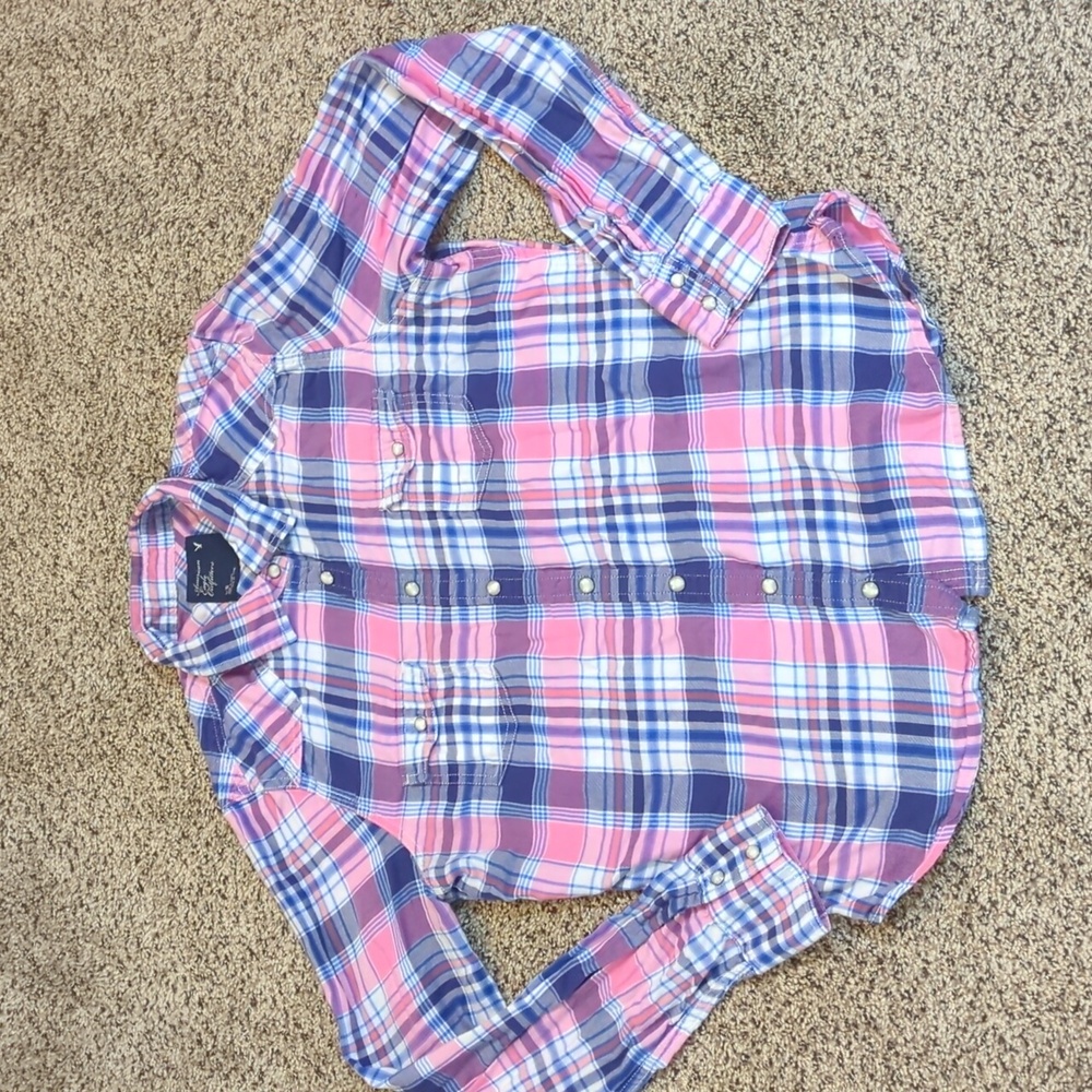 American Eagle Outfitters Long Sleeve Pearl Snap Button Top Women's Large plaid